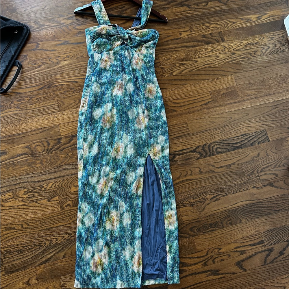 Saylor Faena Blue Floral Sequin Halter Midi Dress | Wedding Guest Party S